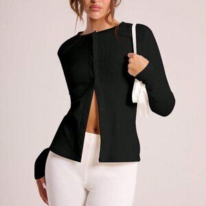 Black Casual Women's Ribbed Button down Long Sleeve Crew Neck Top